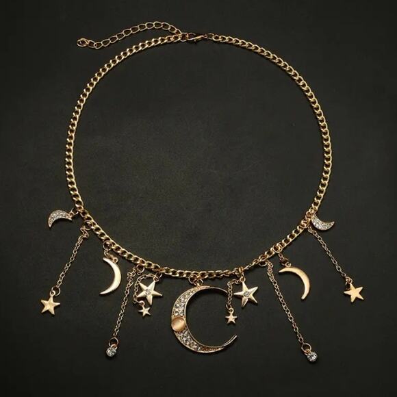 Crescent moon and stars boho bib necklace - Picture 1 of 5